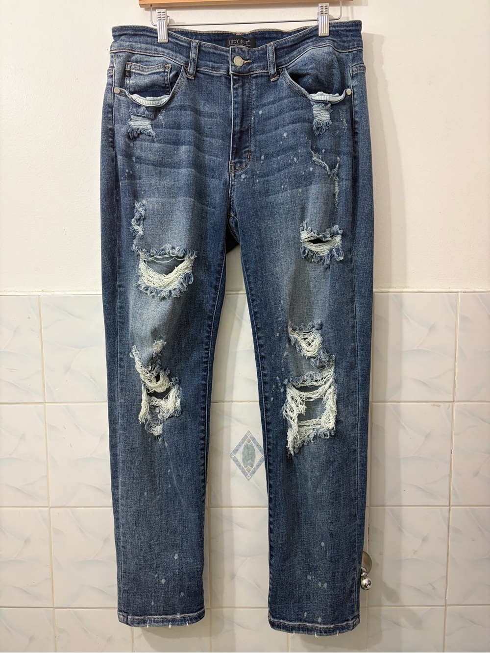 Judy Blue High Rise Blue Boyfriend Fit Distressed Denim Jeans Women’s 14W Grunge